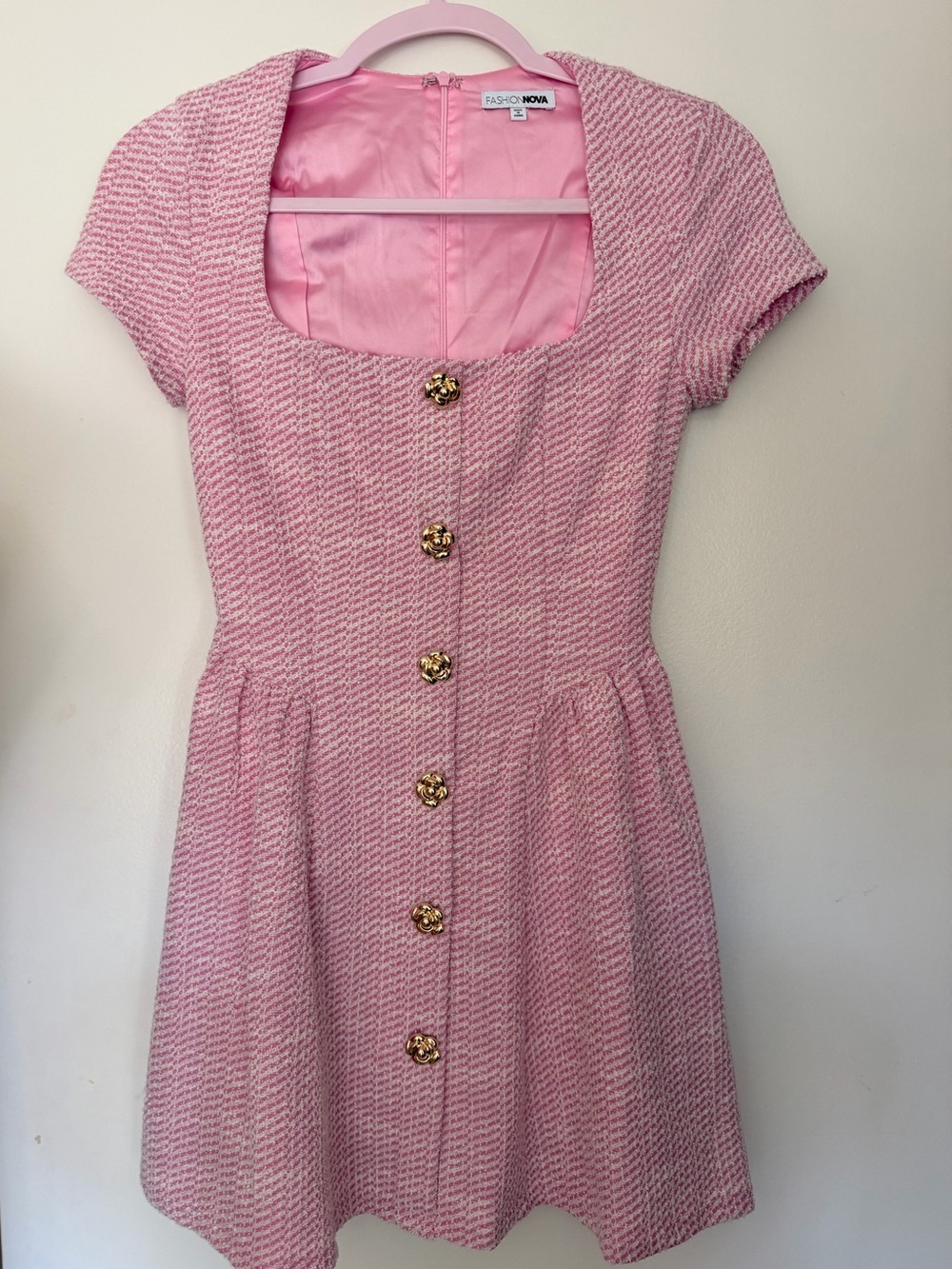 Fashion Nova Pink Tweed Short-Sleeve Button Mini Dress (Size XS fits like S)